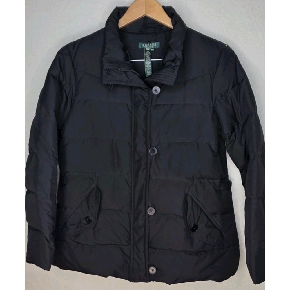 Ralph Lauren Quilted Puffer Jacket Women PM Black Down Fill Hooded Buckle Zip